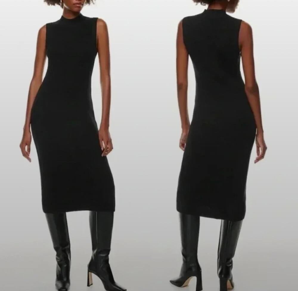 Aritzia Babaton Aesthetica Ribbed Merino Wool Midi Dress Black Sz S